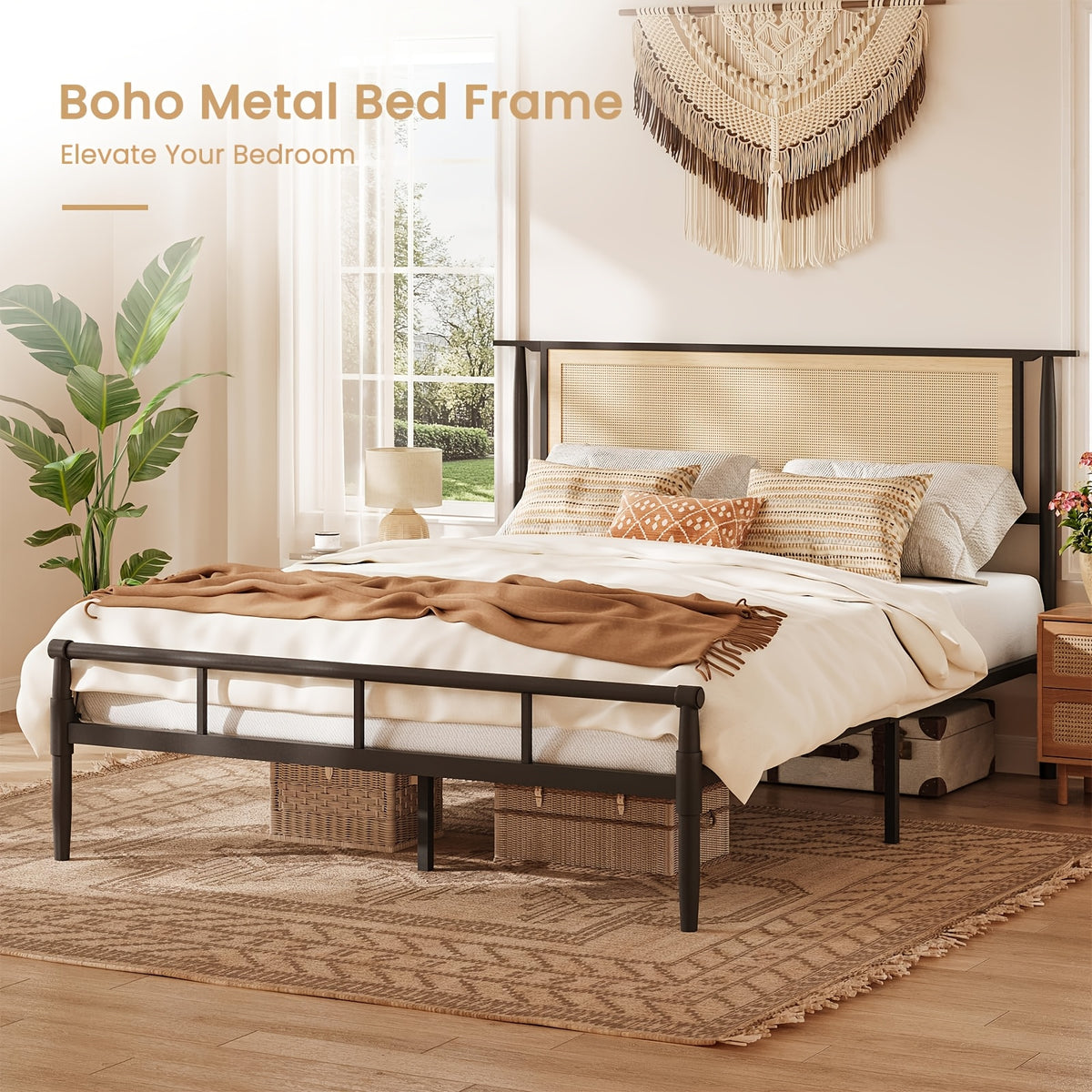 rattan bed frame full headboard black boho bed frame - Temu