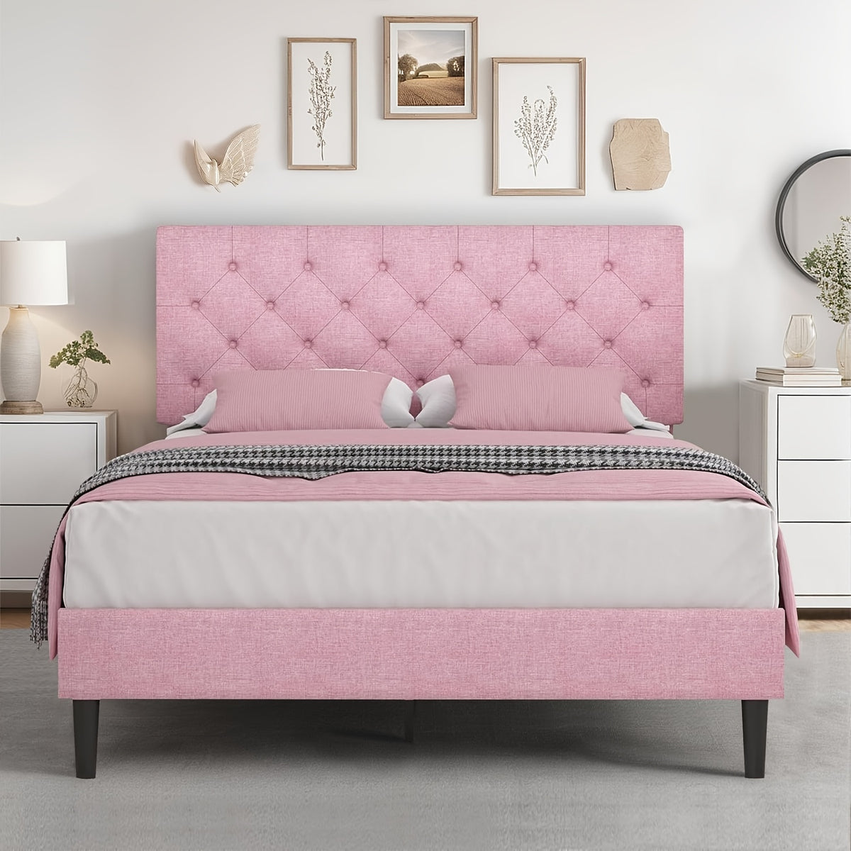 twin full queen king size bed frame headboard linen fabric - Temu