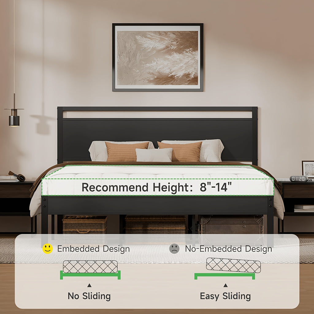bed frame heavy duty metal platform bed wooden headboard - Temu