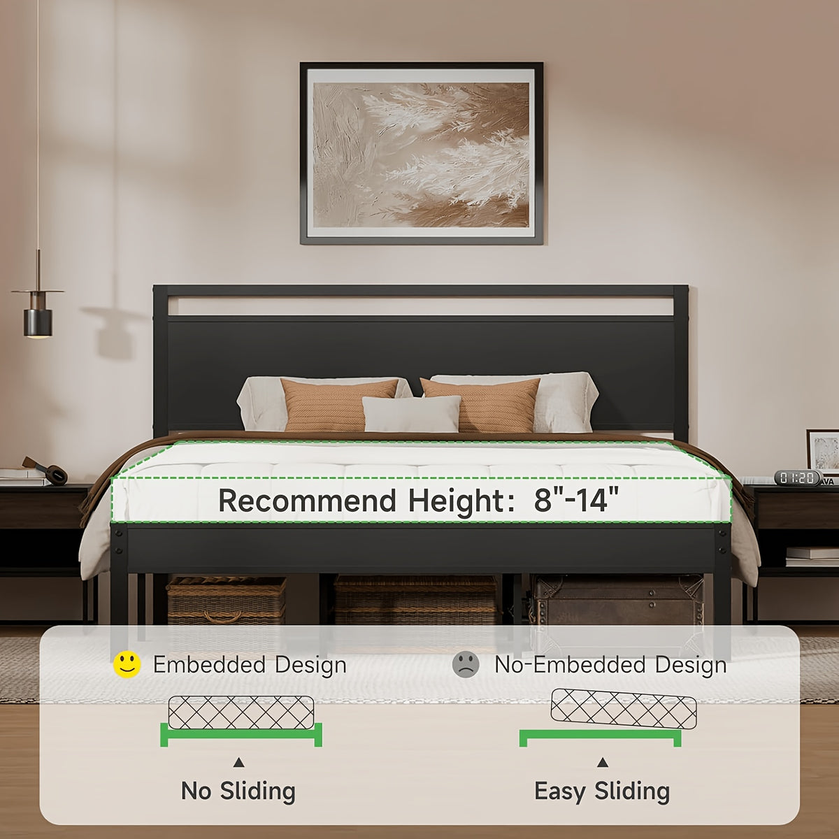 bed frame heavy duty metal platform bed wooden headboard - Temu
