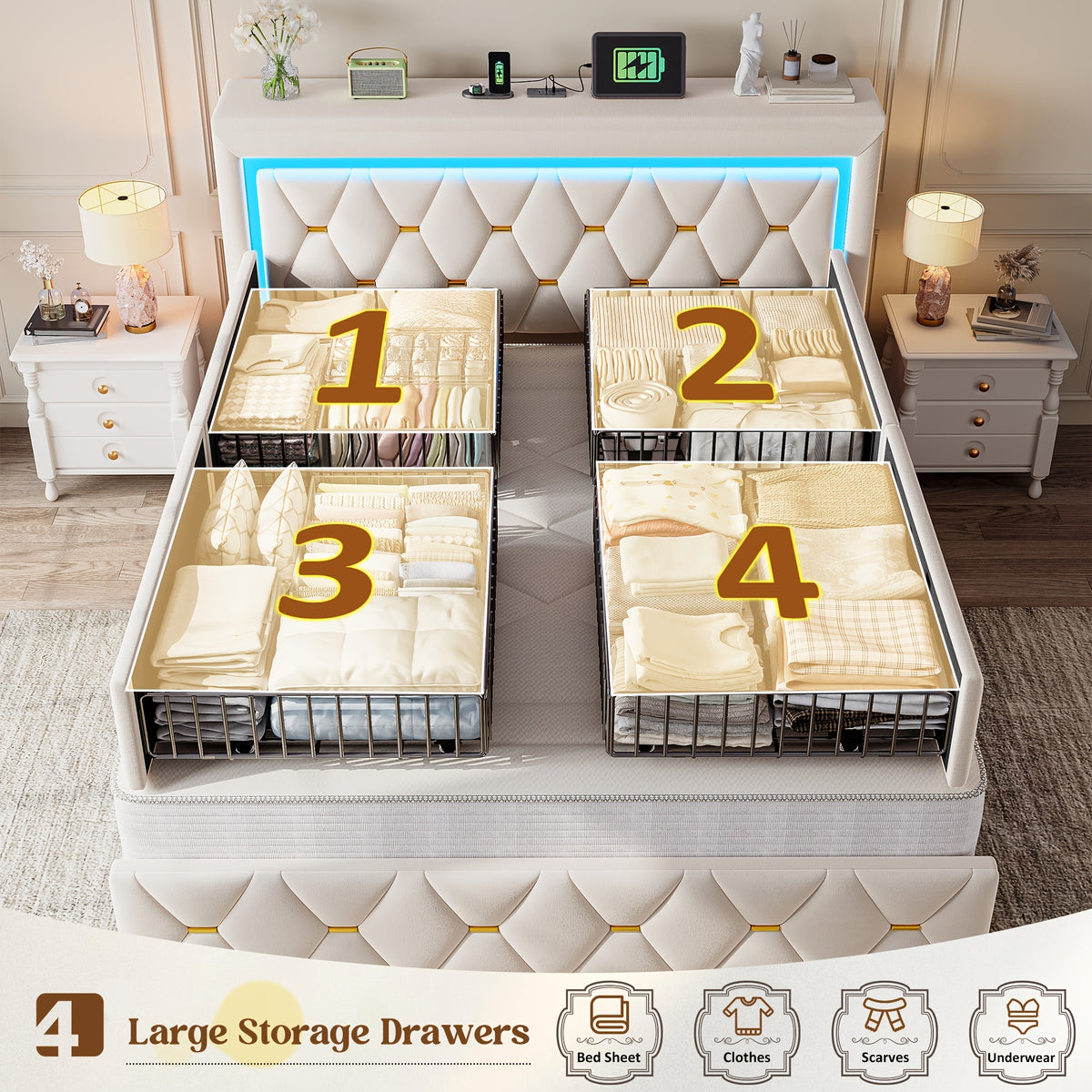 4 drawer upholstered metal platform bed full queen size - Temu