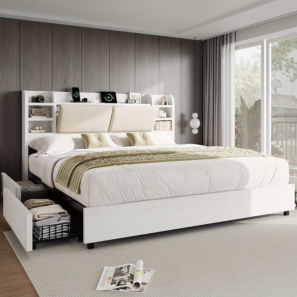 upholstered bed frame 4 storage drawers industrial bed frame - Temu