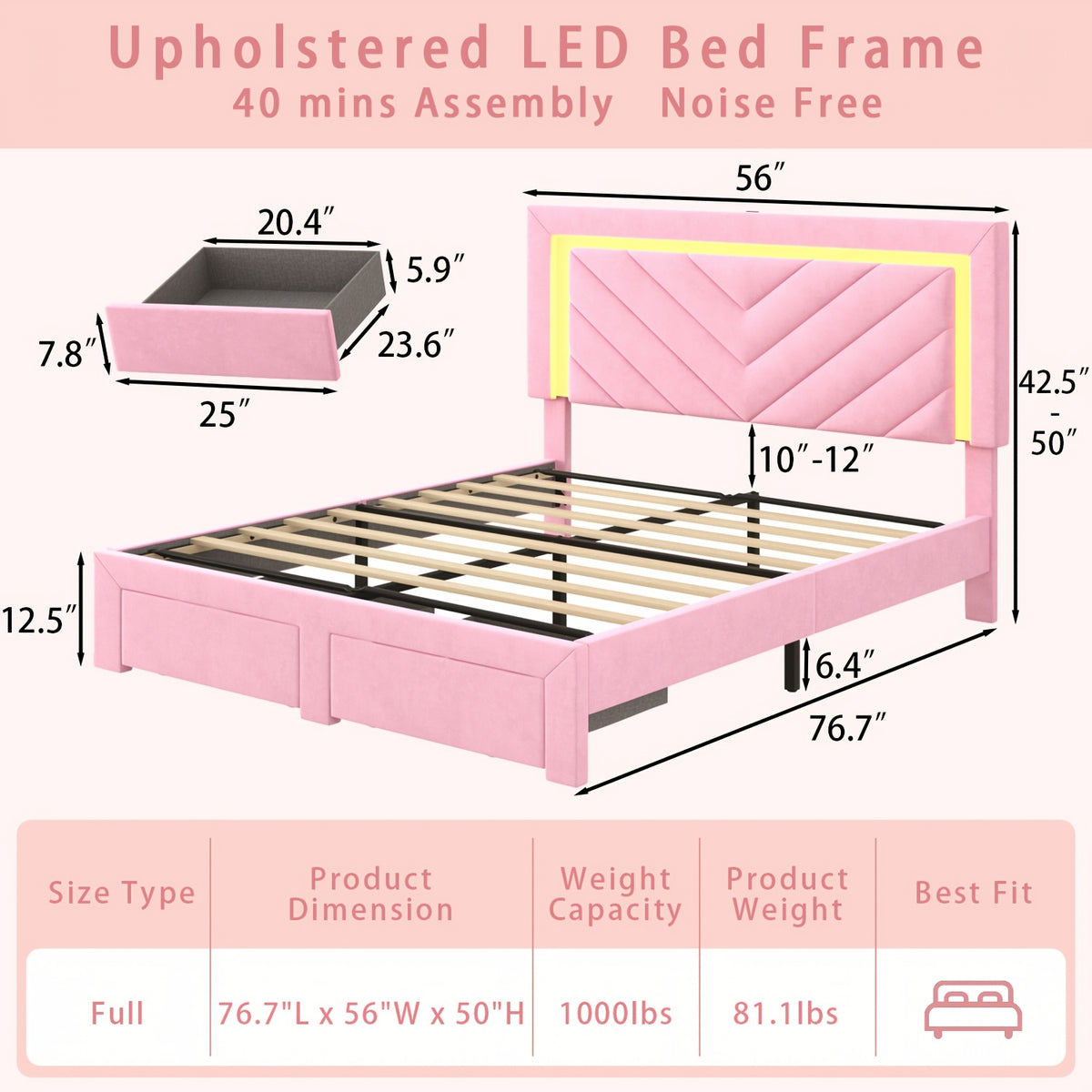 pink bed frame led headboard charging station 2 storage - Temu