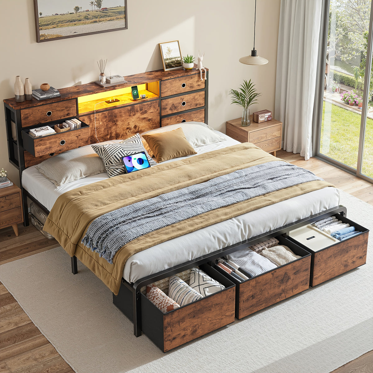 reinforced storage bed frame king queen full 8 9 drawers - Temu