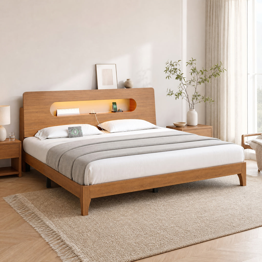led bed frame usb charging storage shelf solid wood platform - Temu