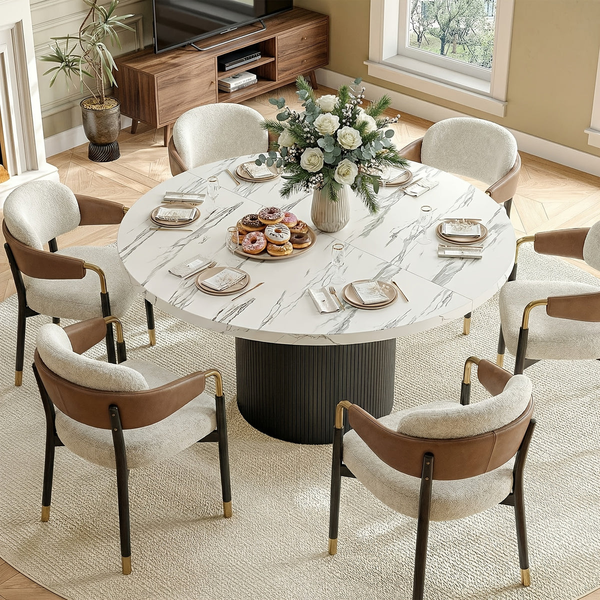 47 inch round dining table 4 circle kitchen table wood strip - Temu