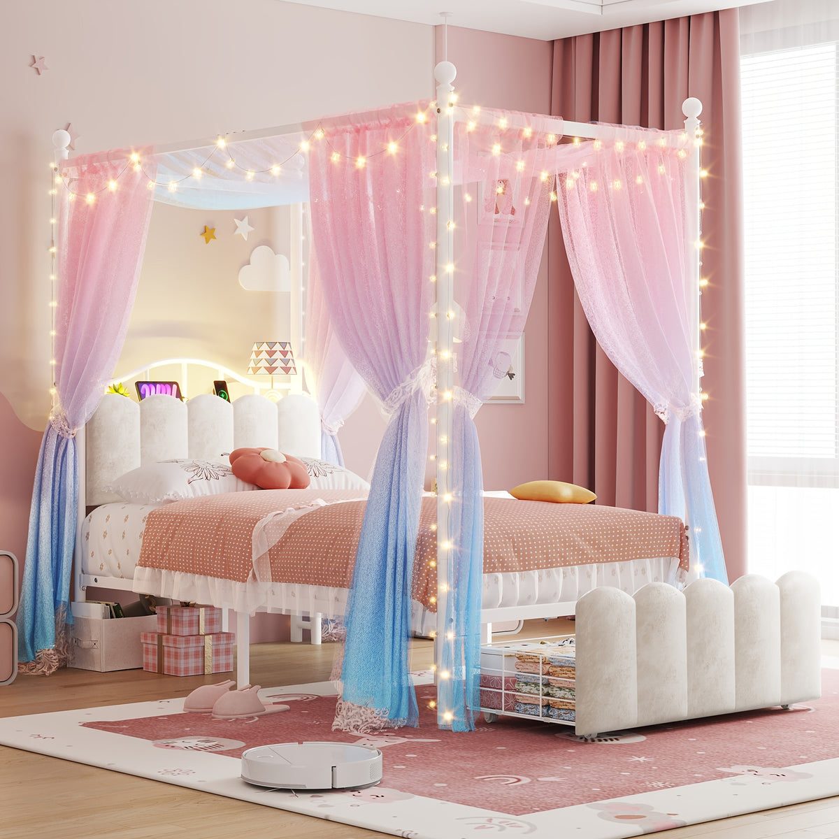 twin full queen upholstered canopy bed frame 2 drawers - Temu