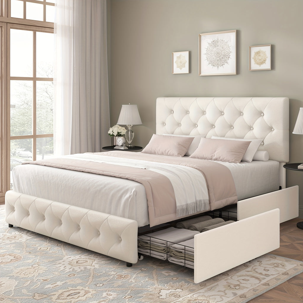 modern upholstered bed frame 4 storage drawers platform bed - Temu