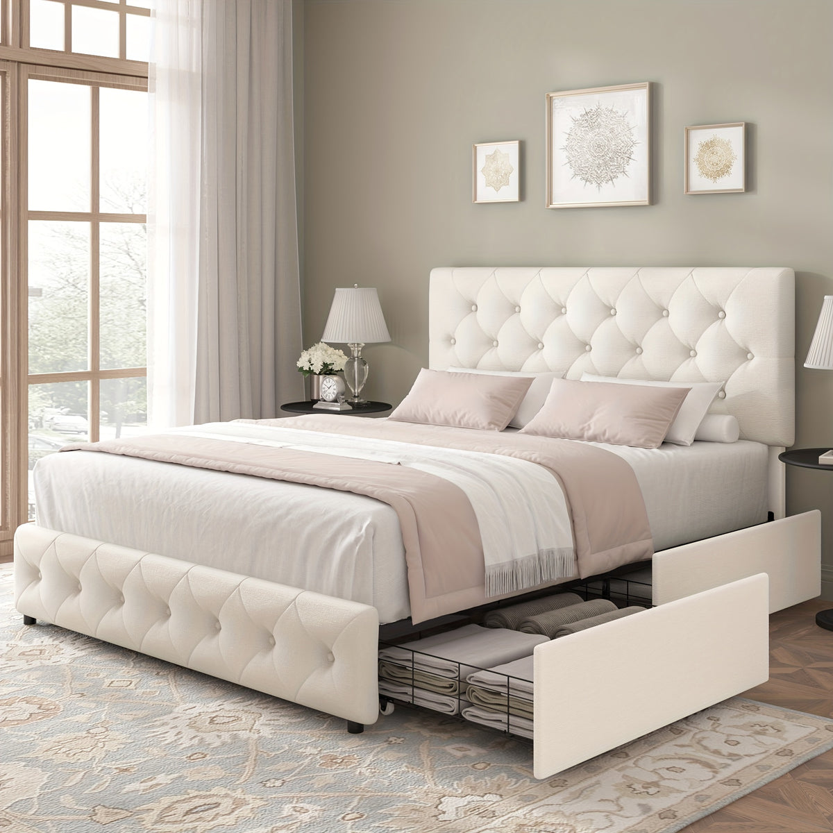 modern upholstered bed frame 4 storage drawers platform bed - Temu