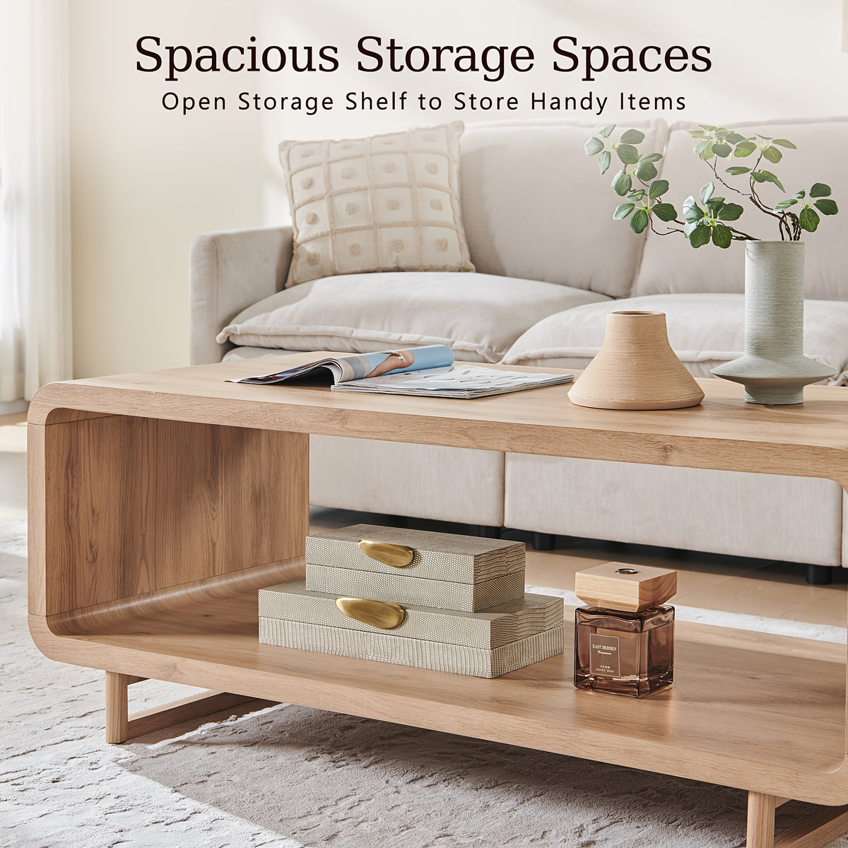 wooden coffee table storage shelf modern 2 tier rectangular - Temu