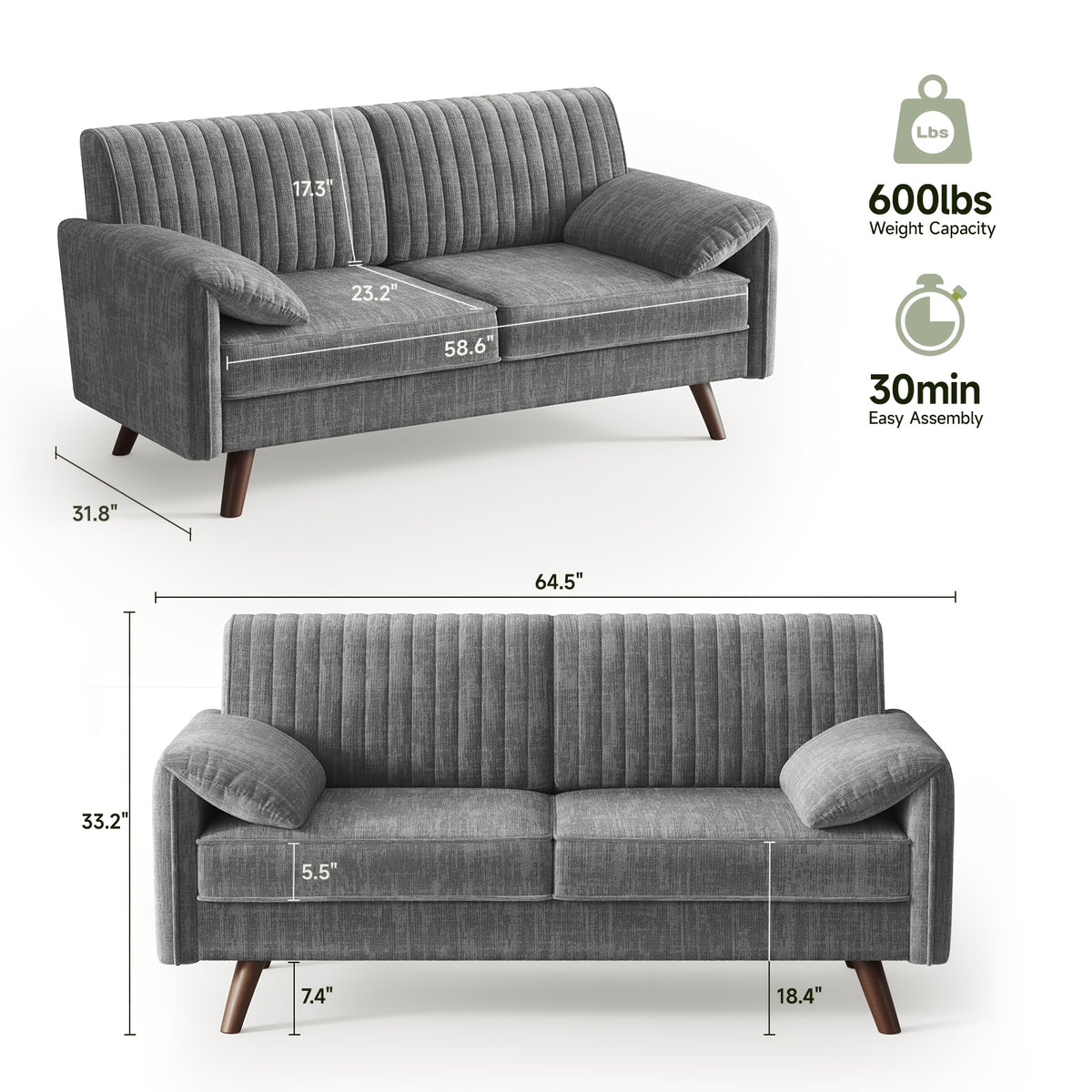 65 inch modern loveseat sofa padded   deep seat couch - Temu