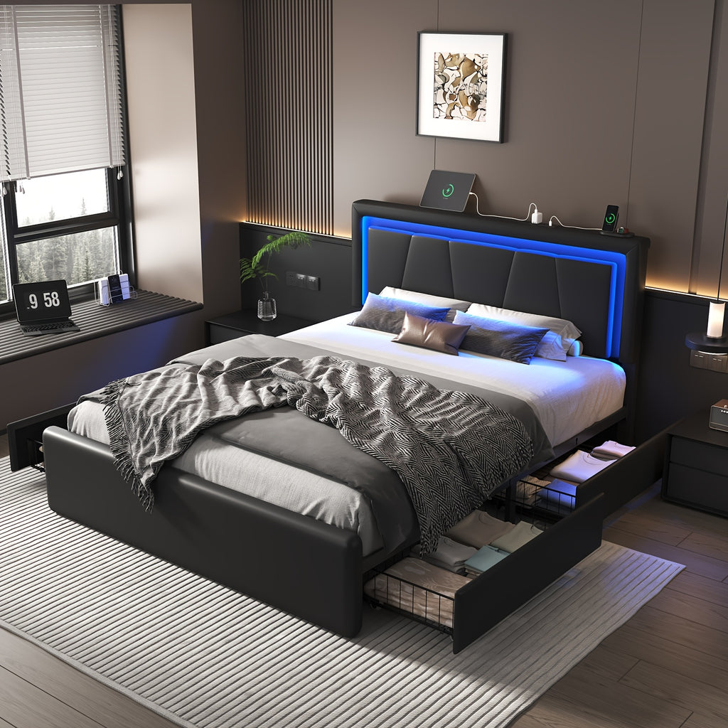 upholstered platform bed frame 4 storage drawers twin full - Temu