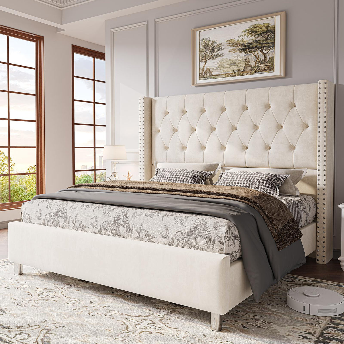 50 wingback bed frame plush beige white - Temu