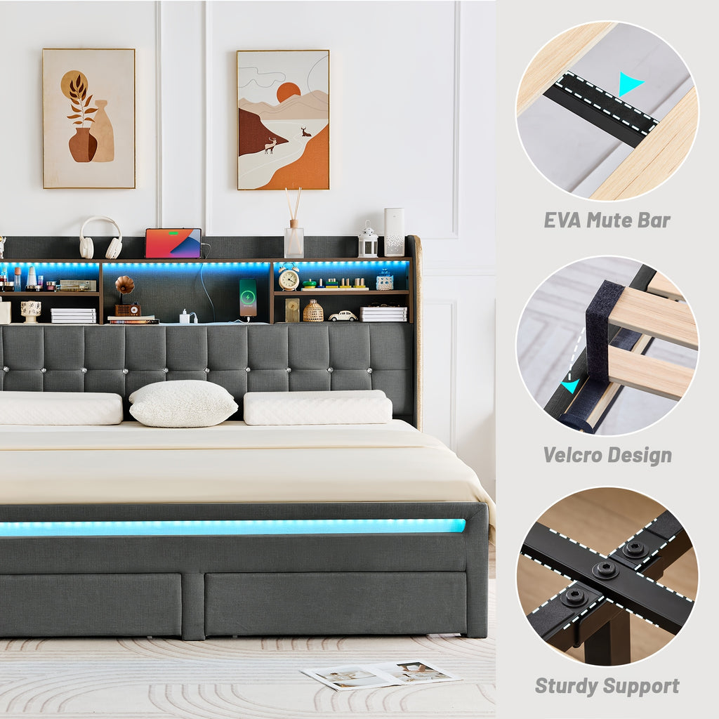 a queen sized bed frame featuring a headboard bookcase - Temu
