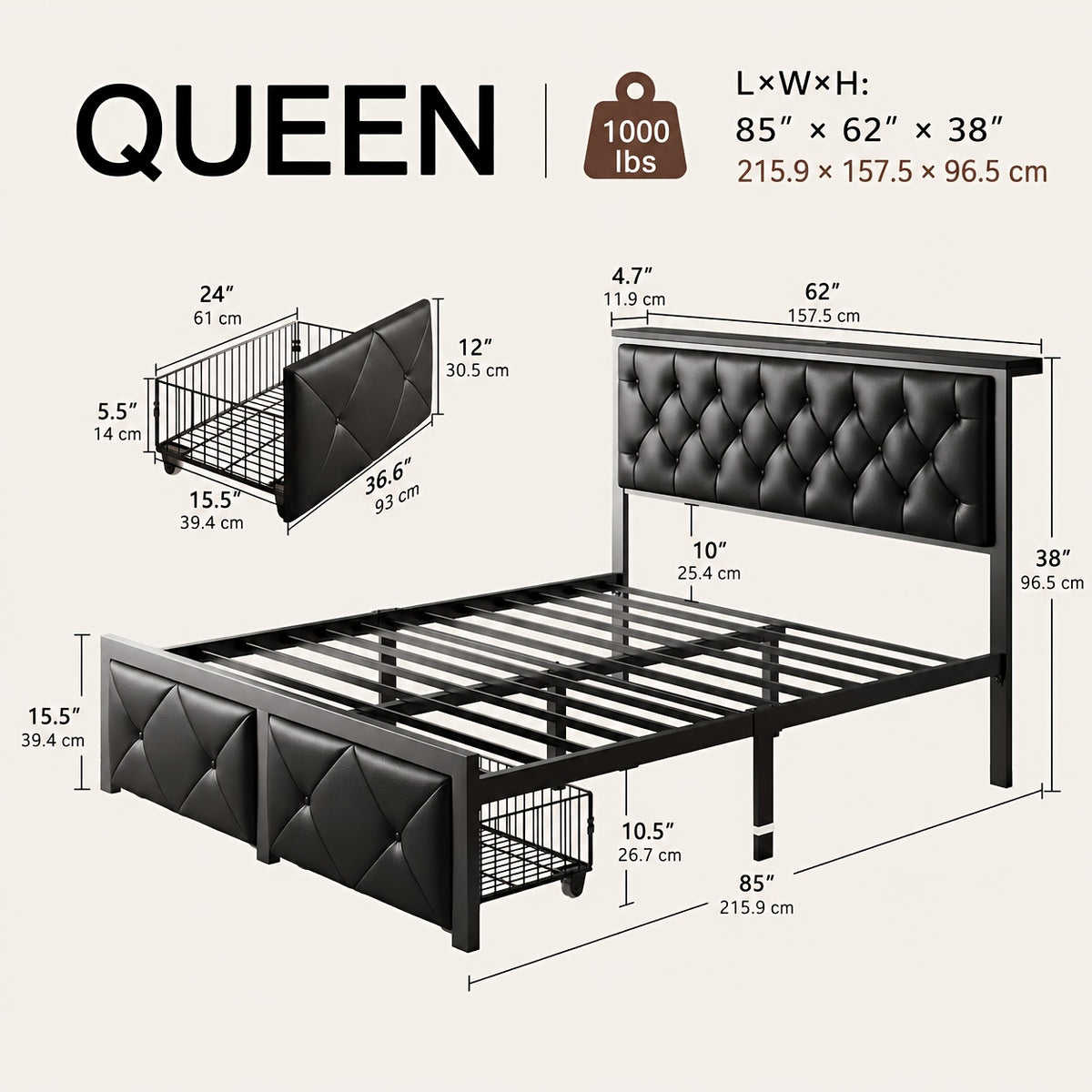 bed frame 2 storage drawers metal platform bed charging - Temu