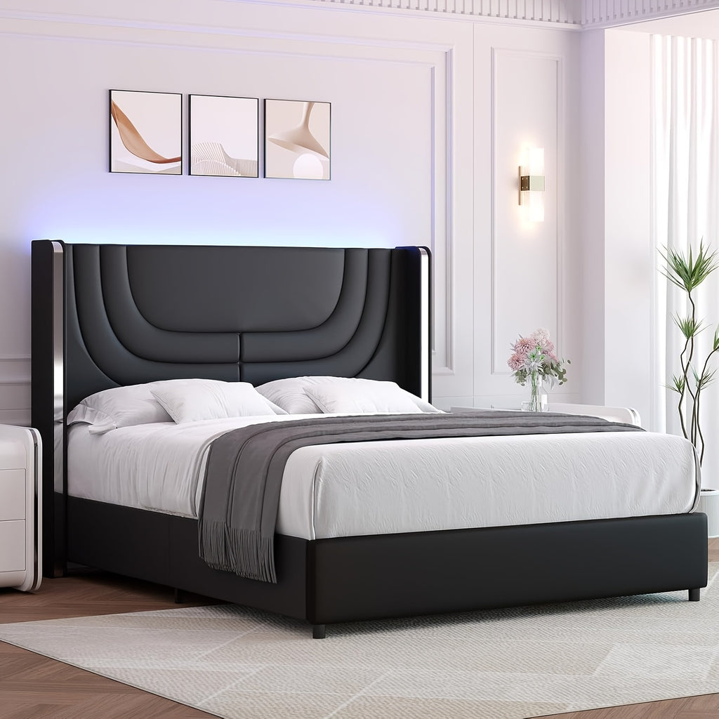 twin full queen size bed frame led lights faux leather - Temu