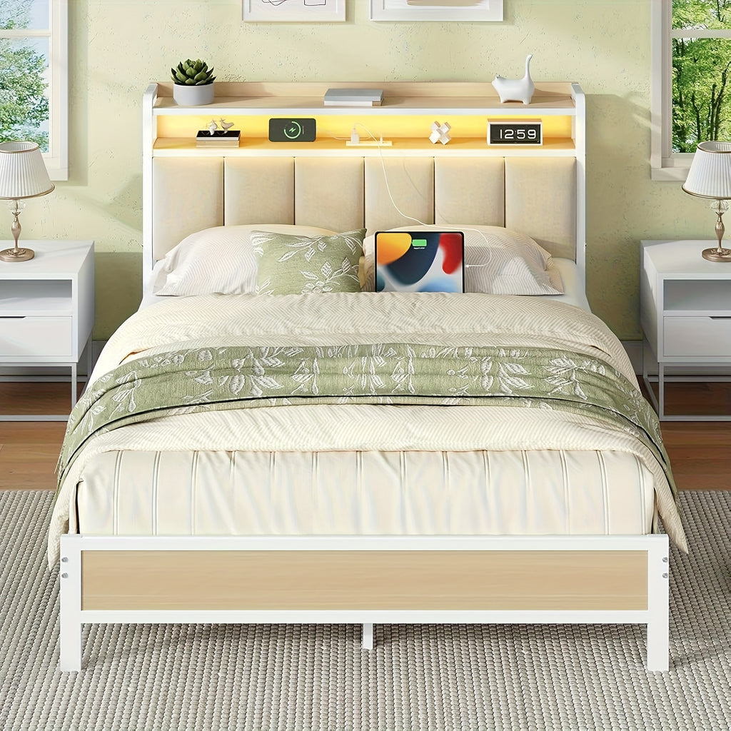 twin full queen king bed frame storage headboard led lights - Temu