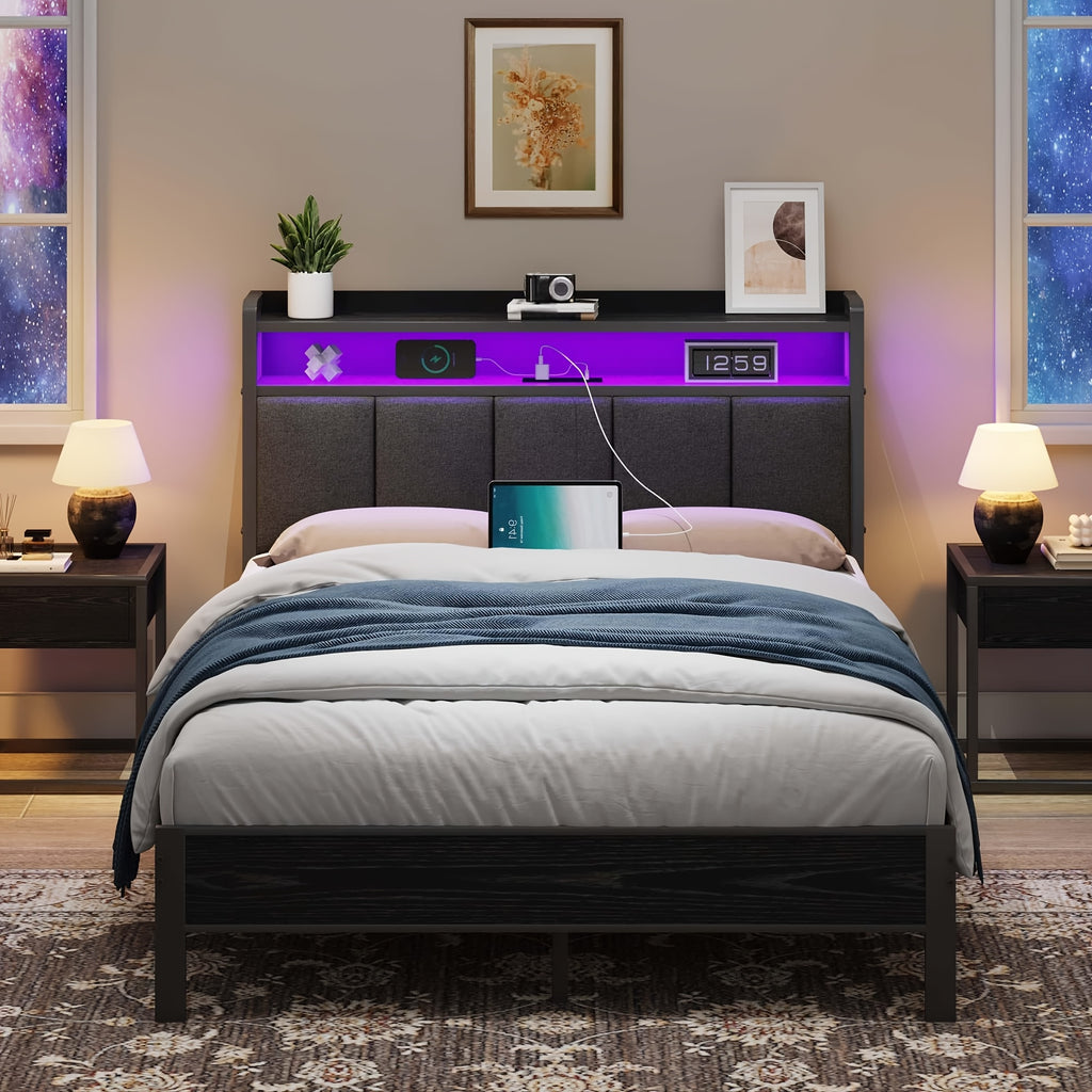 twin full queen king bed frame storage headboard led lights - Temu