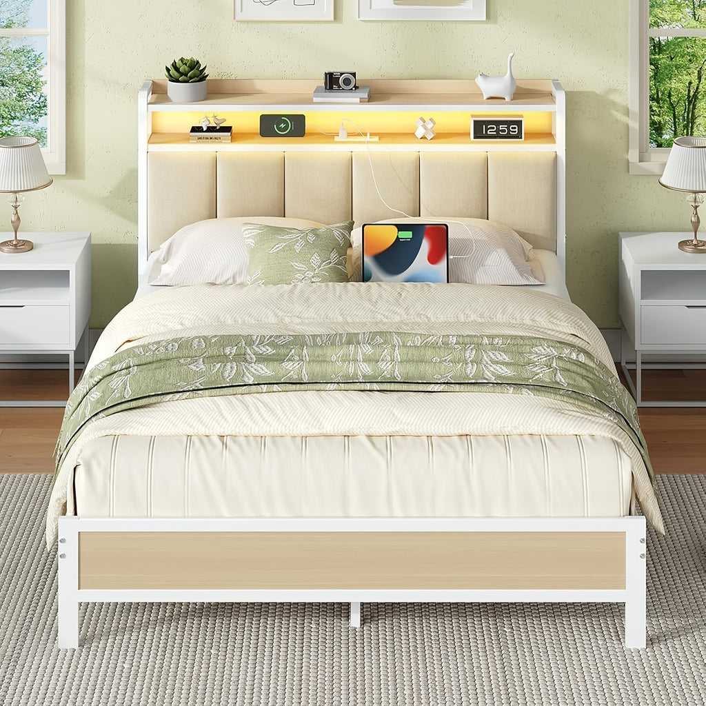 twin full queen king bed frame storage headboard led lights - Temu