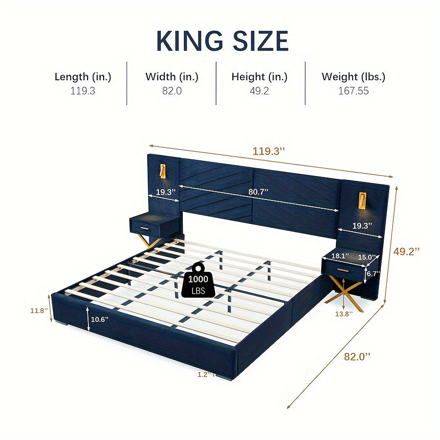 luxury king queen bed frame built in   lights - Temu