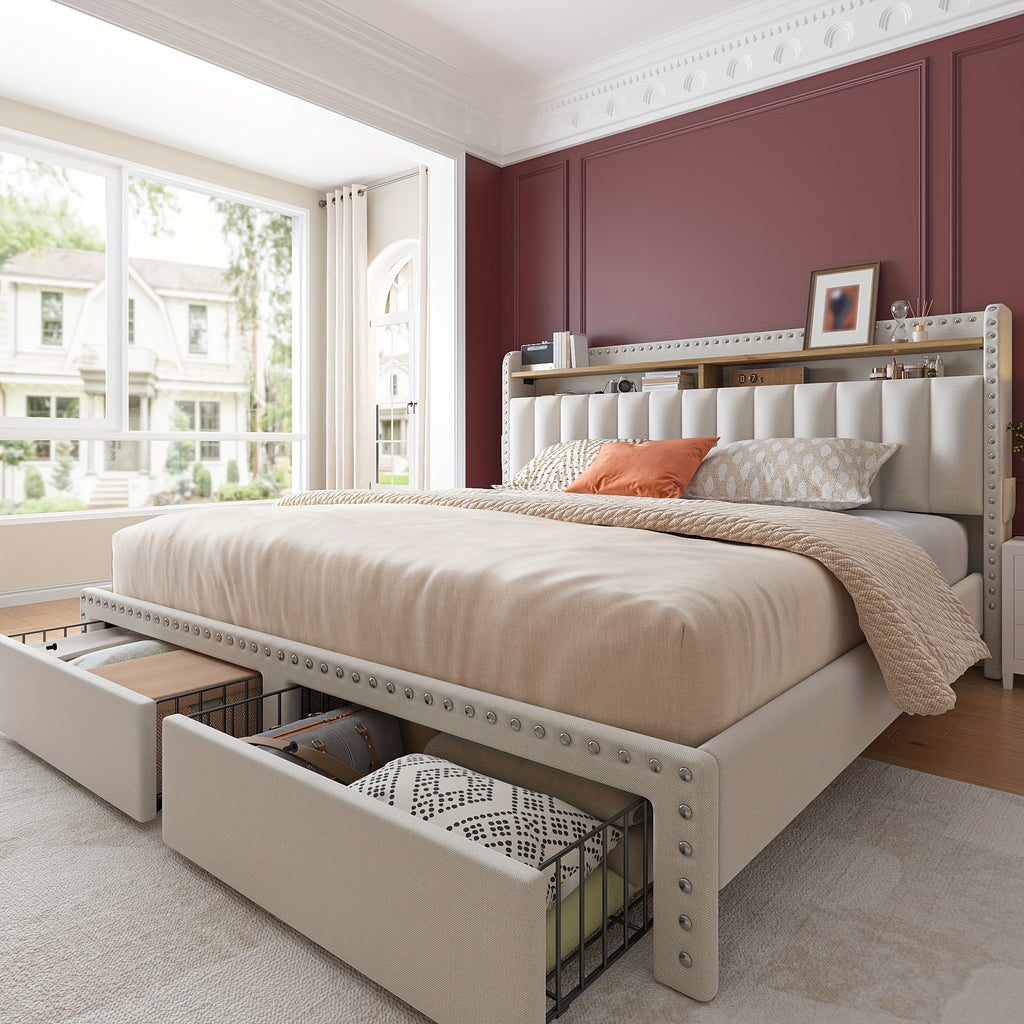king size upholstered bed frame storage 2 tier headboard 2 - Temu