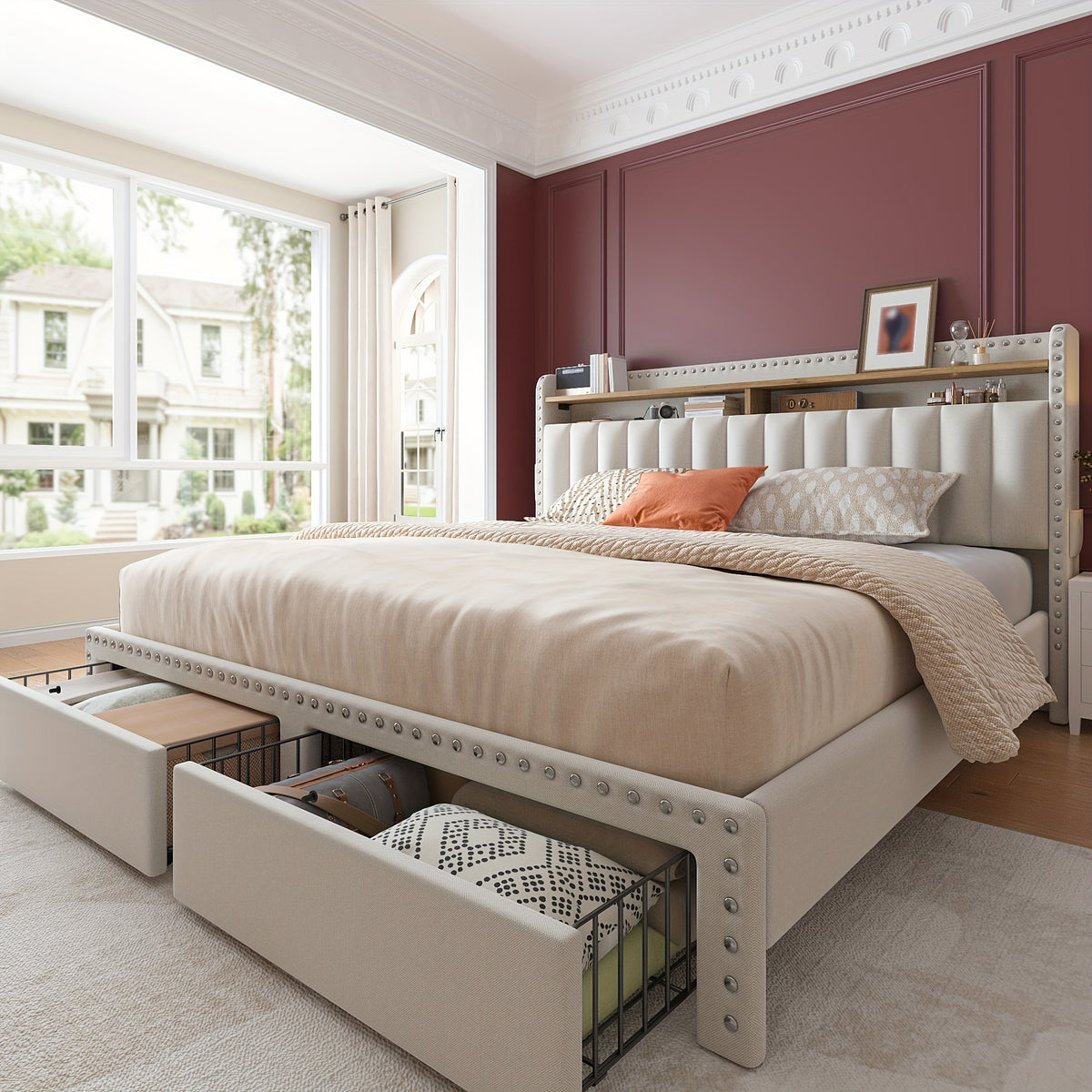 king size upholstered bed frame storage 2 tier headboard 2 - Temu