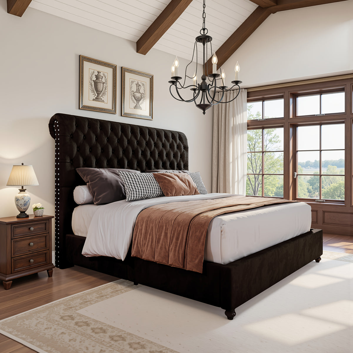 bed frame king queen size velvet tall headboard king - Temu