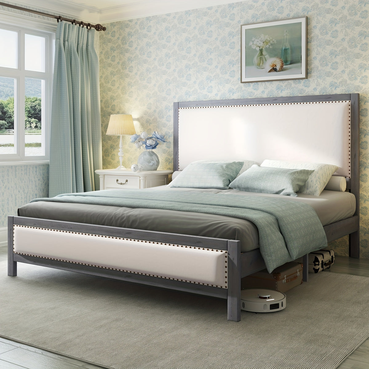 a platform bed featuring a sturdy wooden frame a linen - Temu