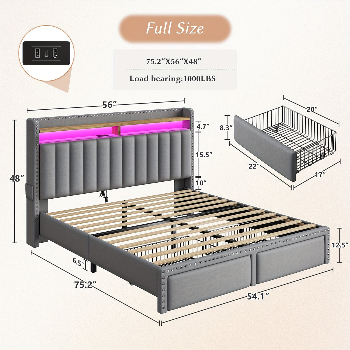 full queen king size bed frame 2 tier storage headboard - Temu