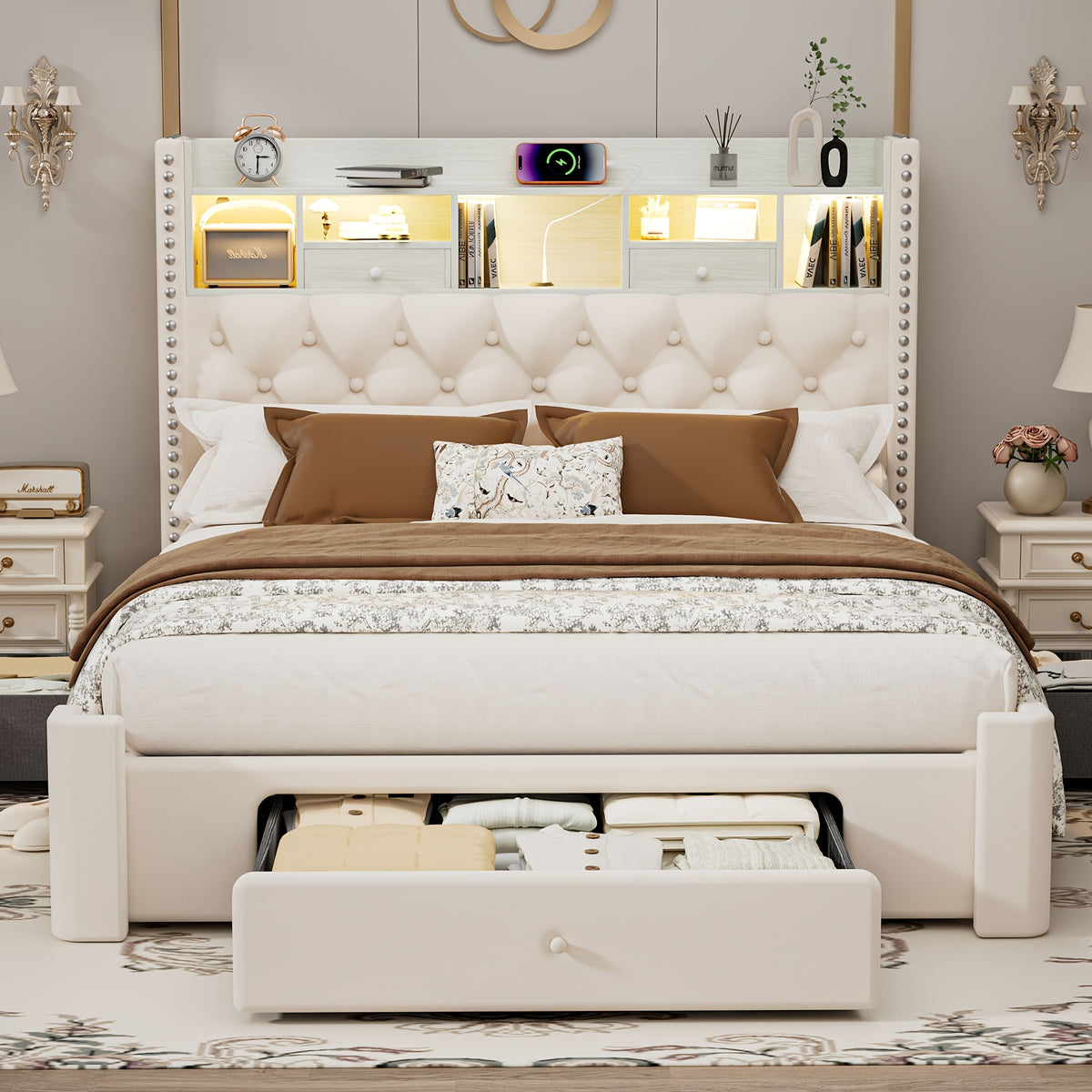 bed frame storage drawers bed frame led lights upholstered - Temu