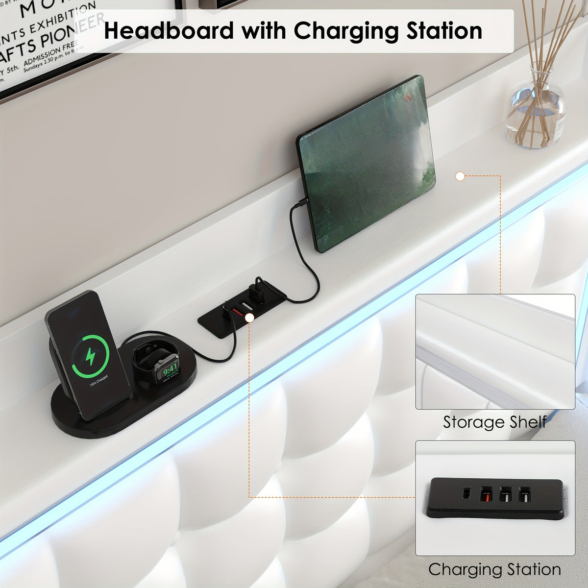 floating bed frame charging station type c usb ports - Temu