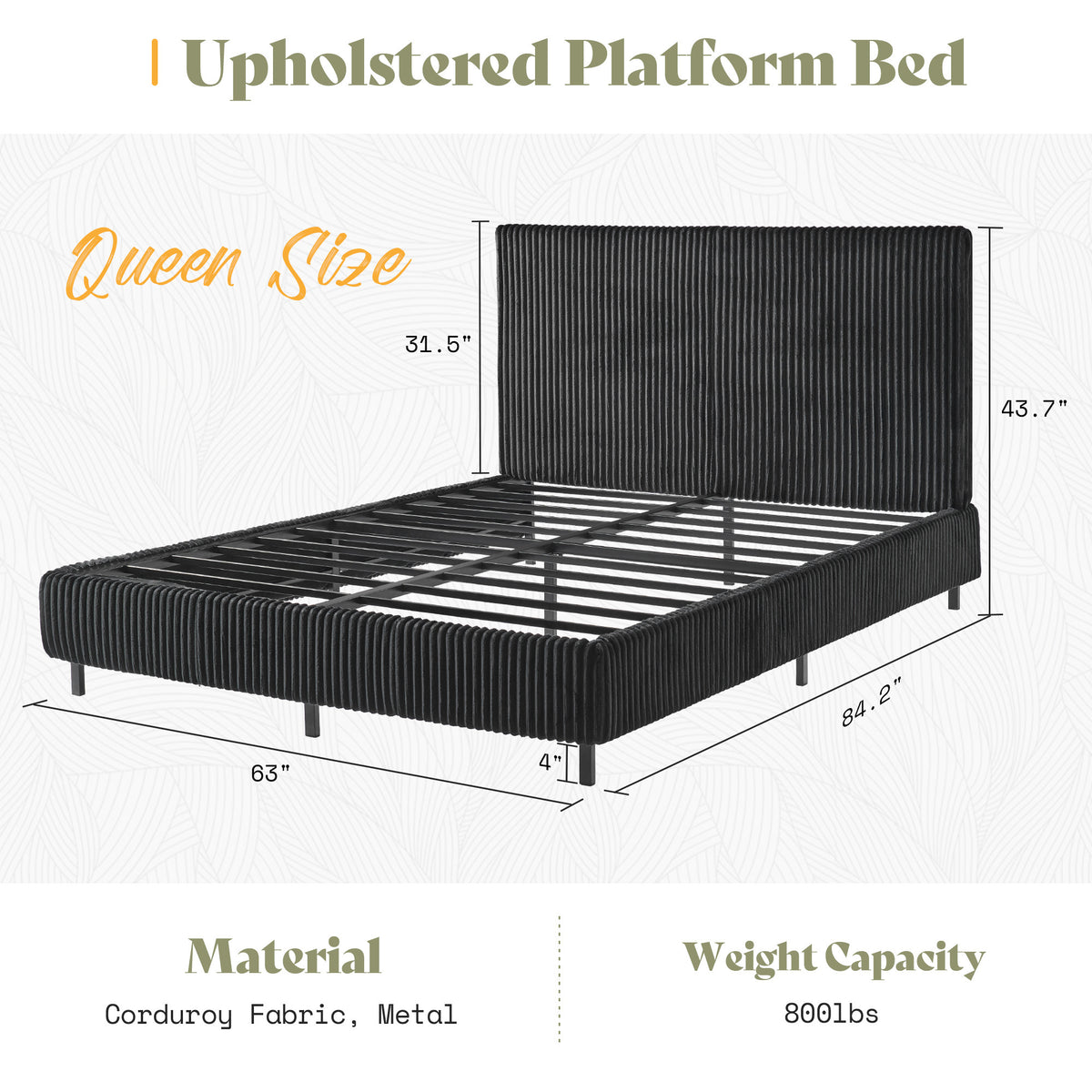 platform bed frame upholstered corduroy headboard fully - Temu