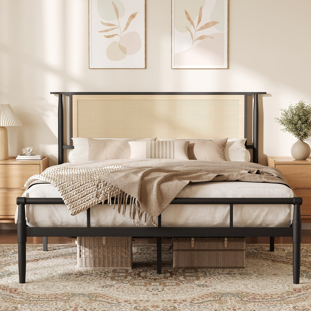rattan bed frame full headboard black boho bed frame - Temu