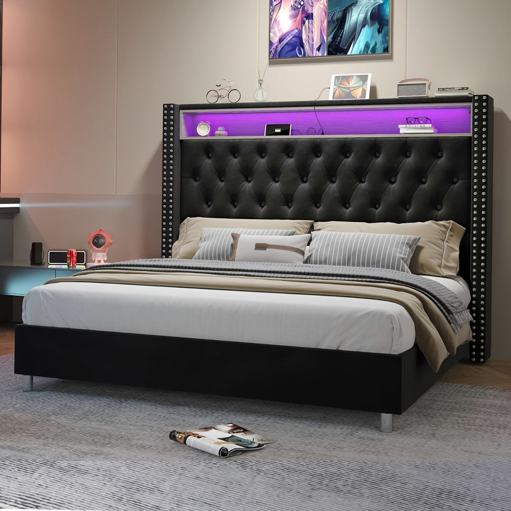 bed integrated led lights charging station velvet - Temu