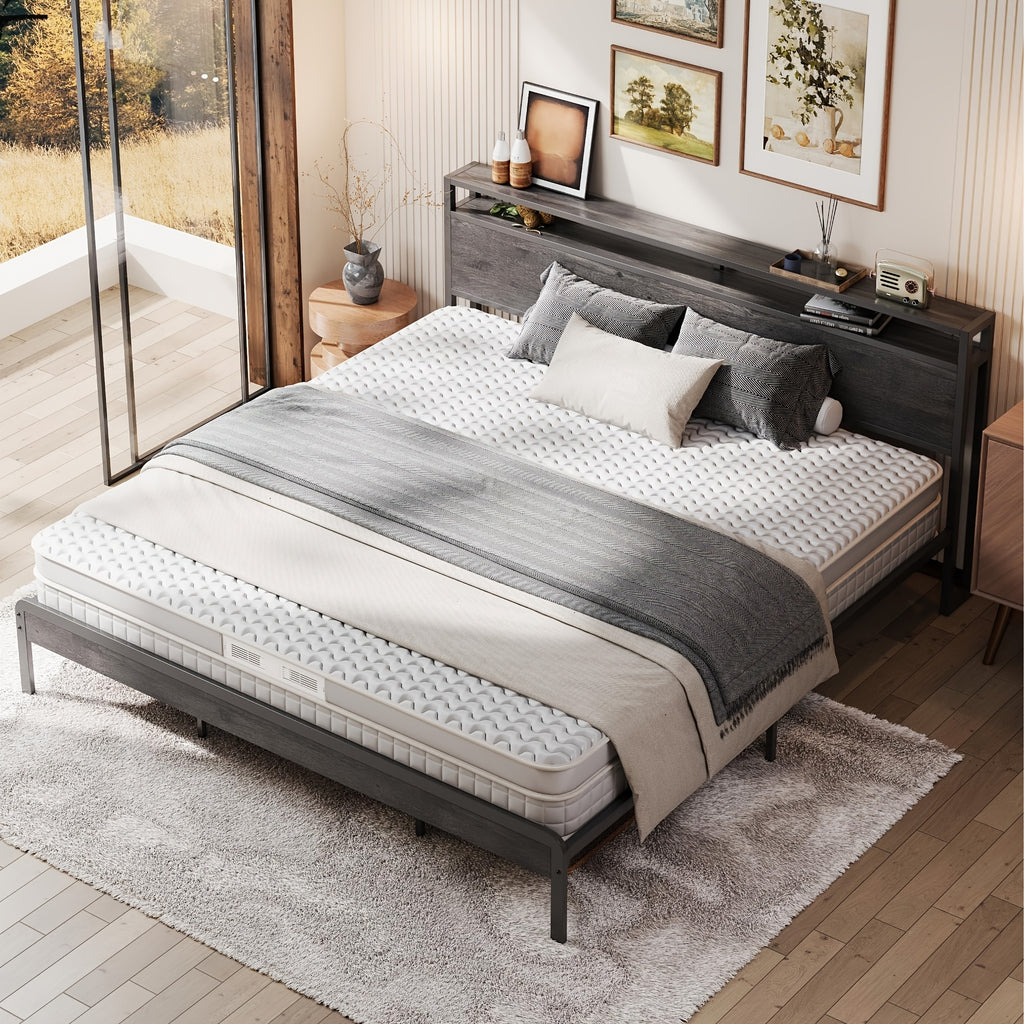 king size bed frame 2 tier storage shelf headboard - Temu