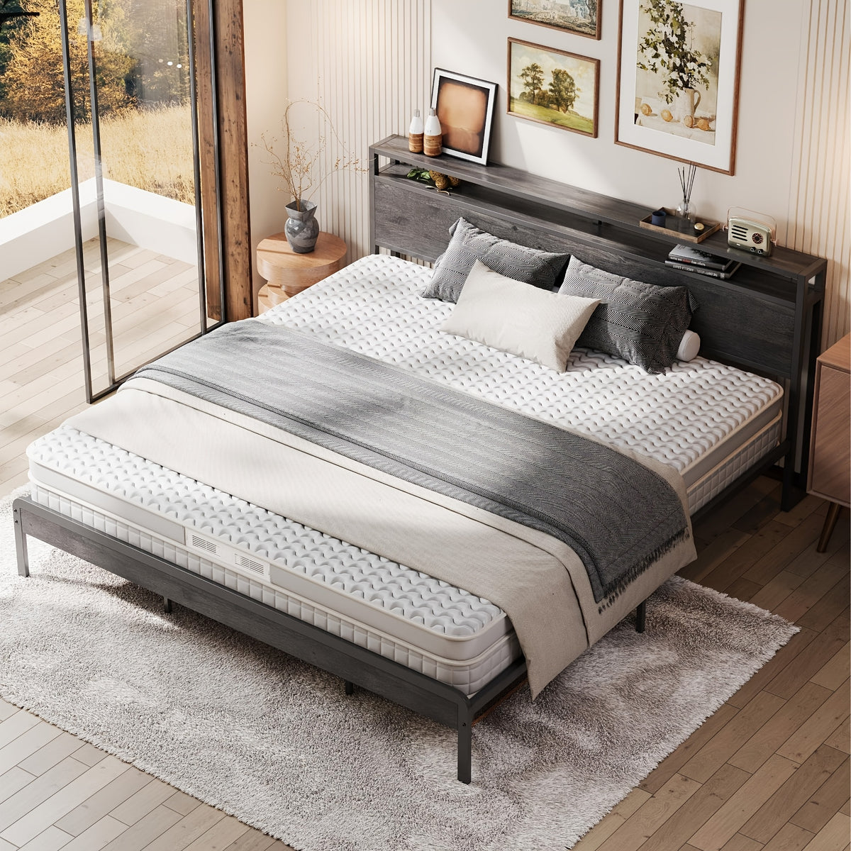 king size bed frame 2 tier storage shelf headboard - Temu