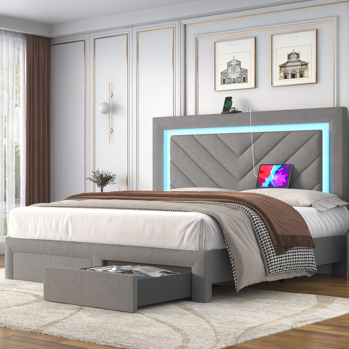platform bed frame led adjustable headboard upholstered bed - Temu
