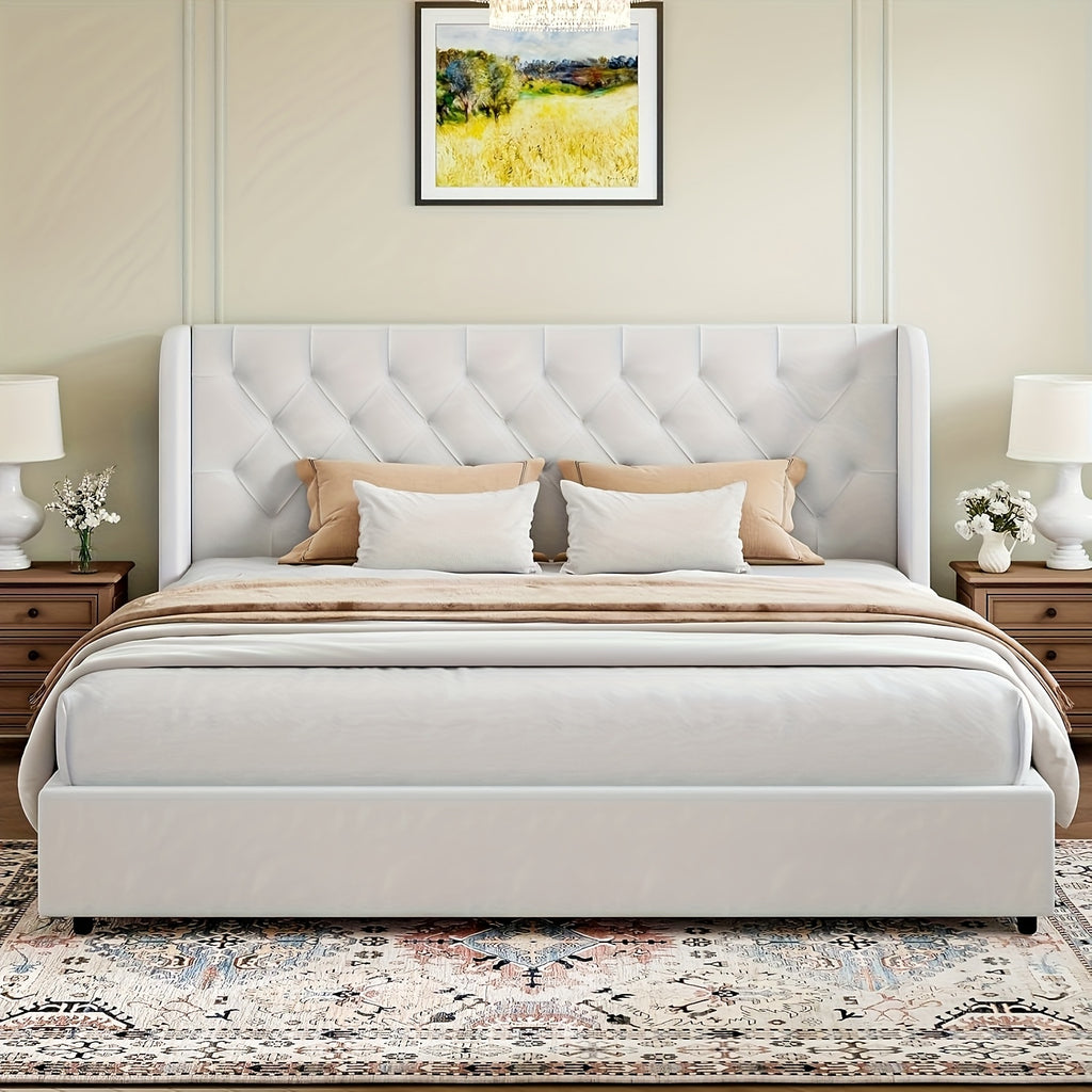 modern upholstered queen bed frame velvet headboard curved - Temu
