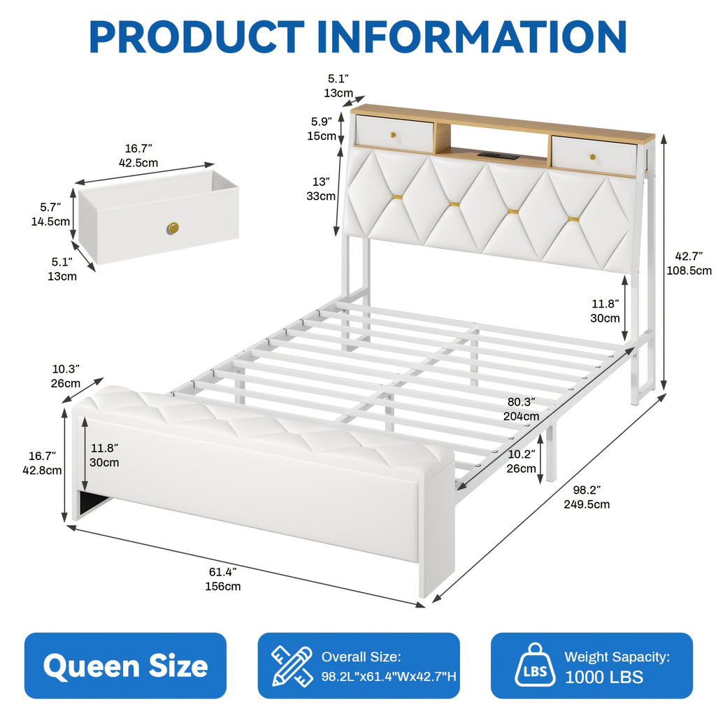 mraeer bed frame storage bench 2 drawers charging station no - Temu