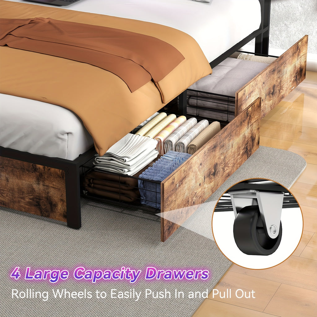 full queen king size bed frame 4 storage drawers headboard - Temu