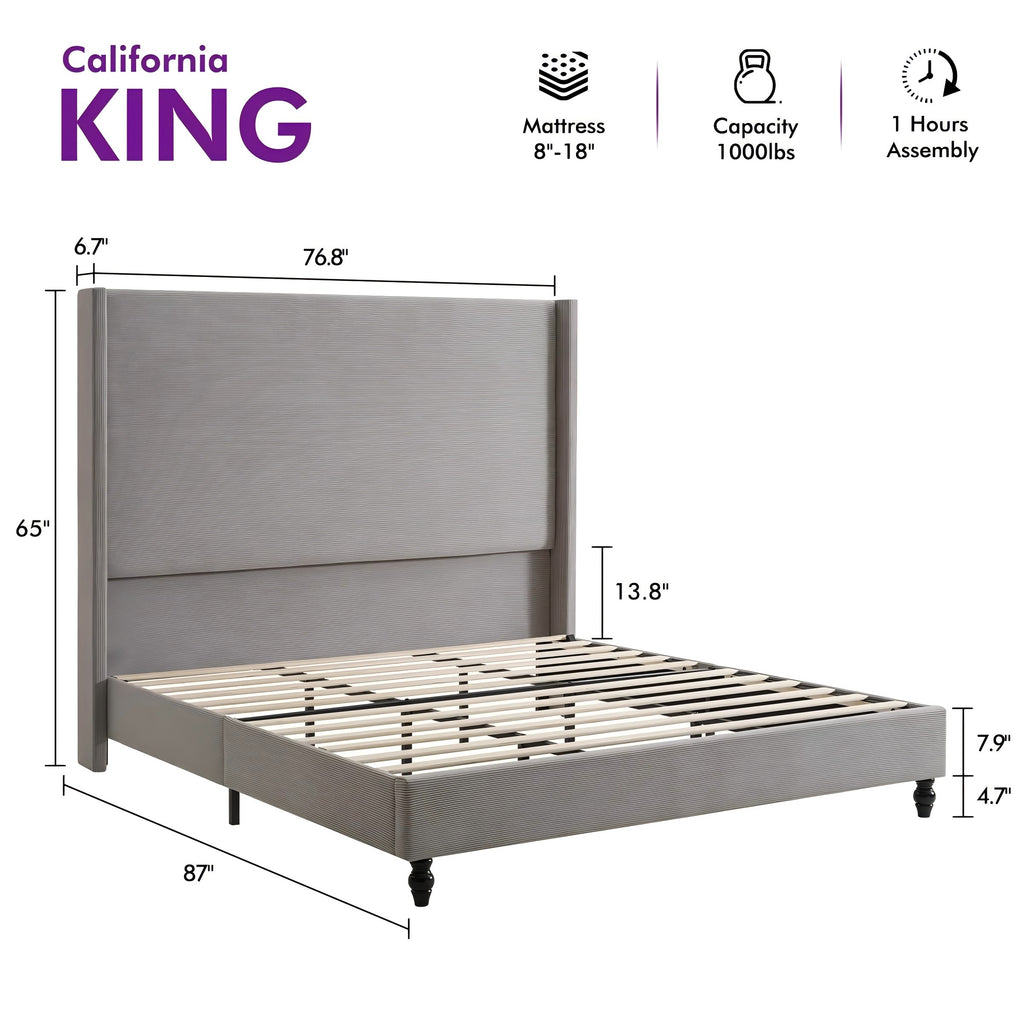corduroy upholstered bed frame tall wingback headboard solid - Temu