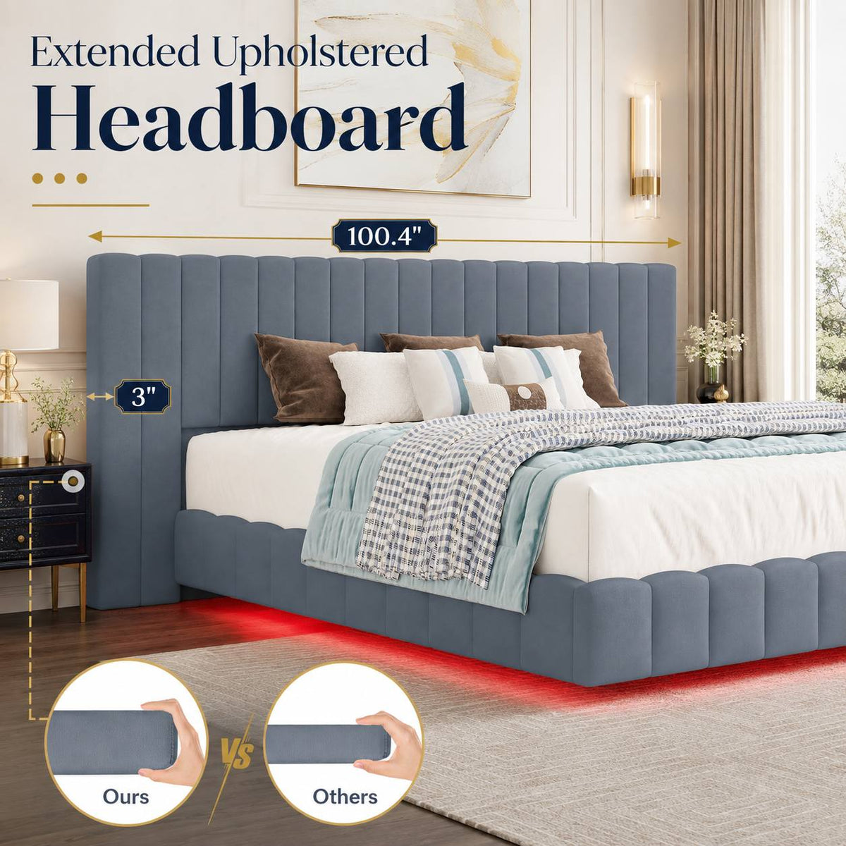 modern upholstered bed frame ambient led lighting - Temu