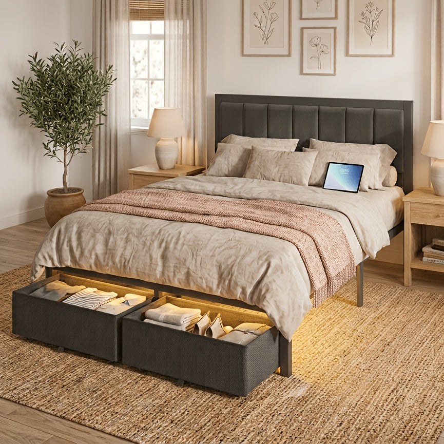 bed frame metal platform bed storage drawers led lighting - Temu