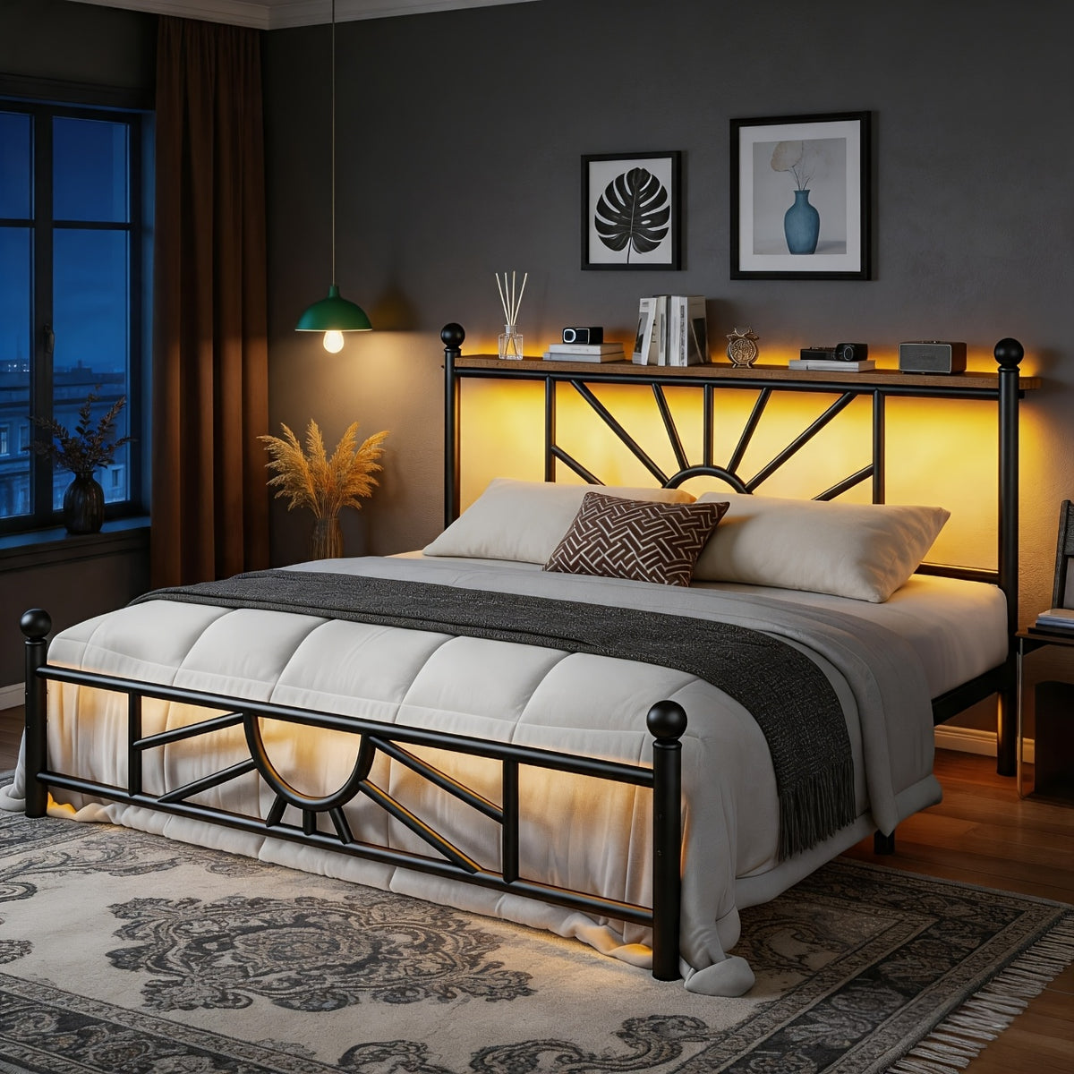 twin full queen king metal bed frame rgb led headboard large - Temu