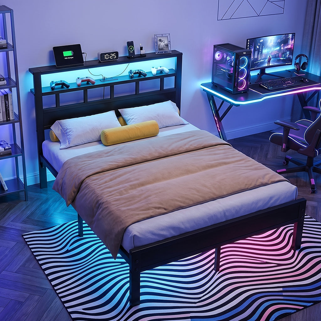 bed frame metal platform bed 2 tier storage led lighting - Temu