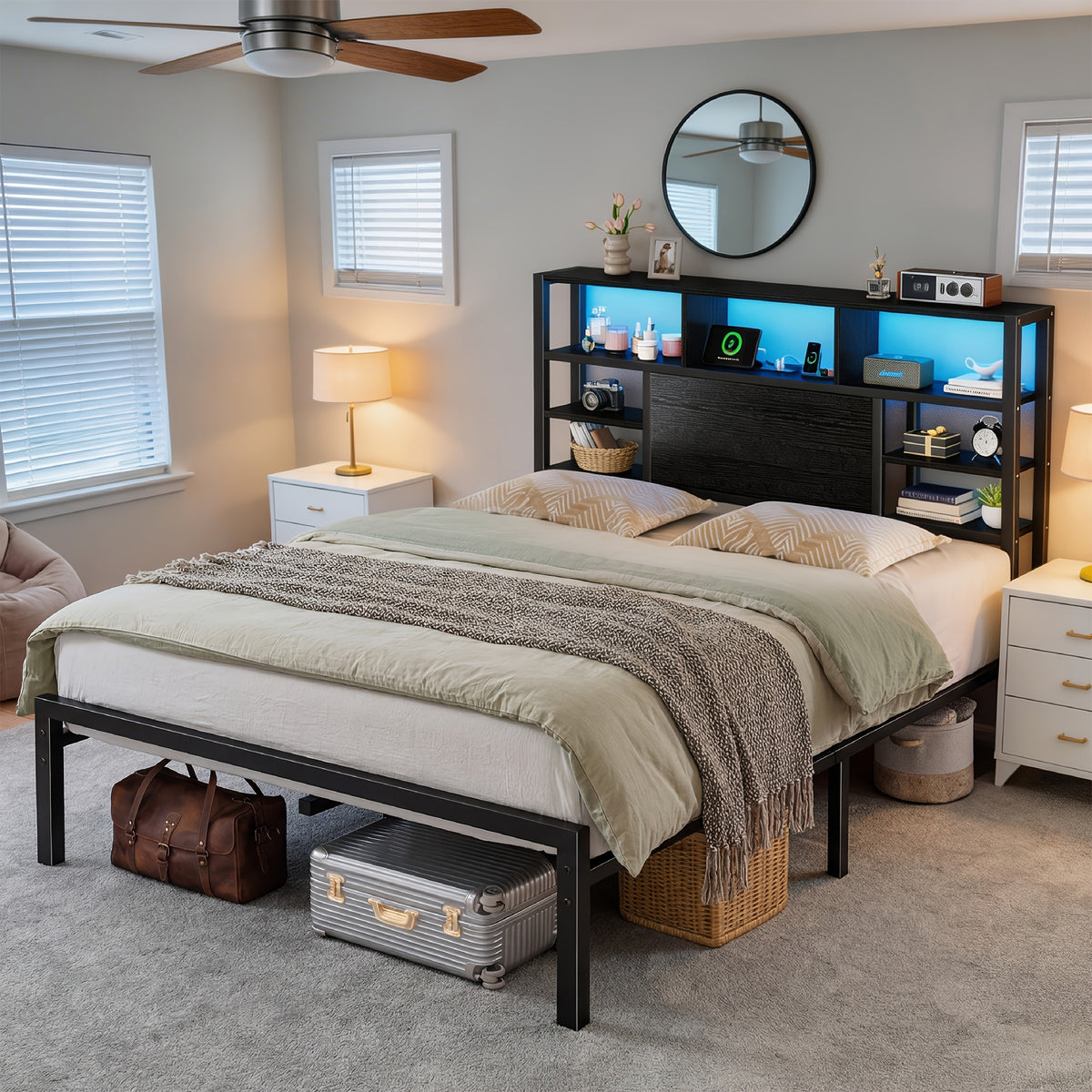 full queen king bed frame storage headboard led lights - Temu
