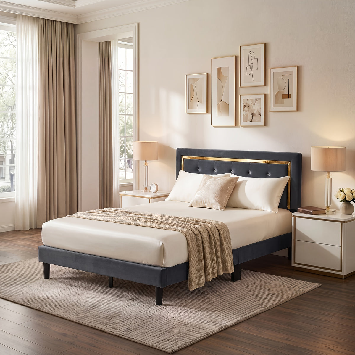 flannel upholstered platform bed frame integrated headboard - Temu