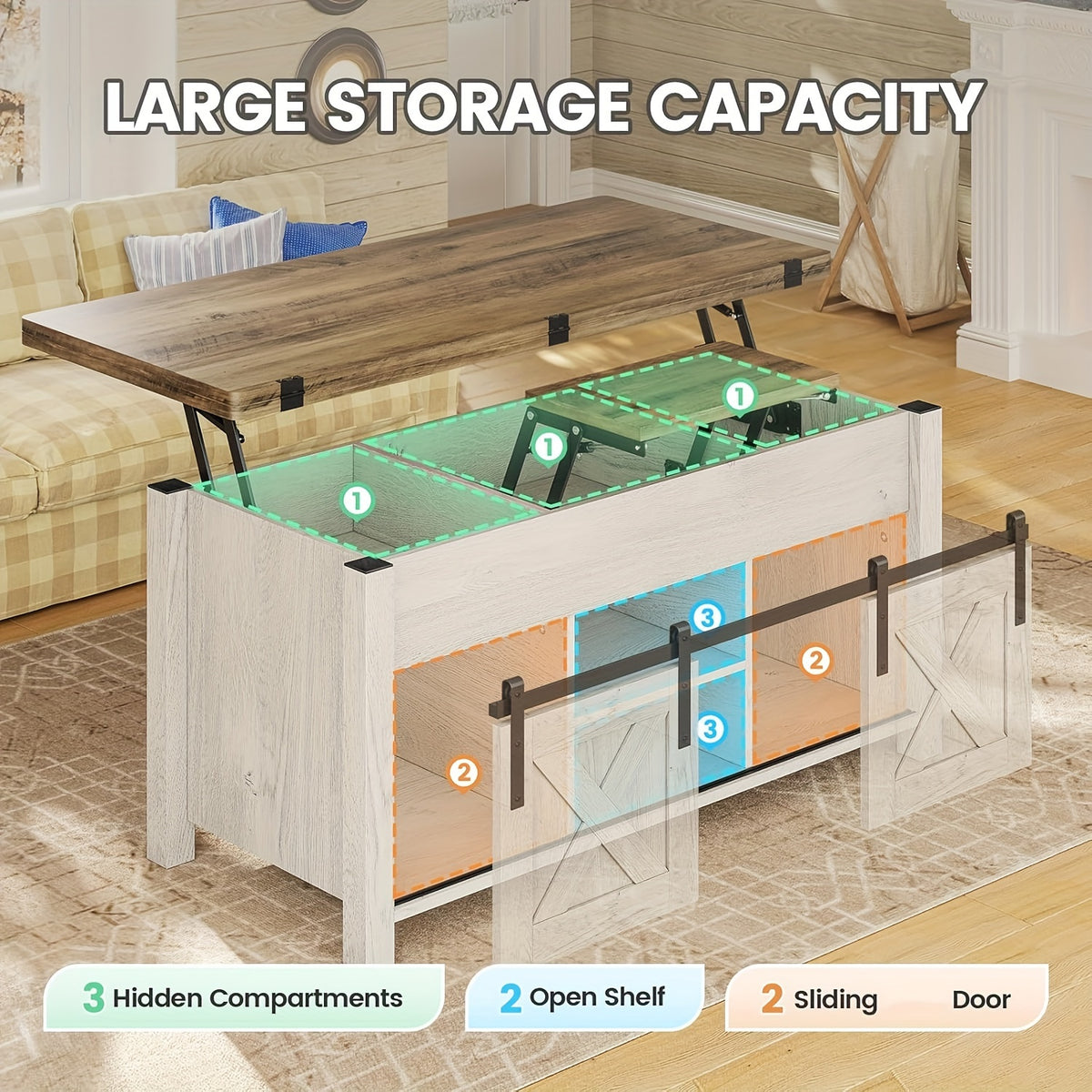 farmhouse lift top coffee table hidden compartments open - Temu