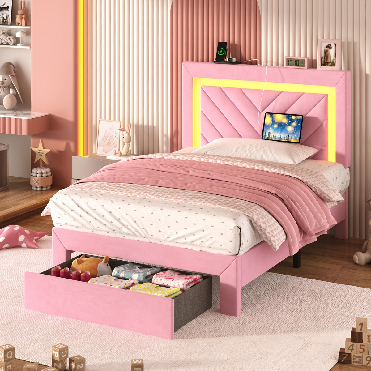 pink bed frame led headboard charging station 2 storage - Temu