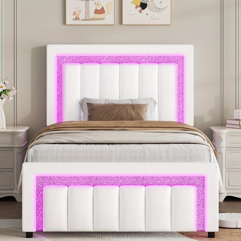 twin full bed frame led lights velvet upholstered headboard - Temu
